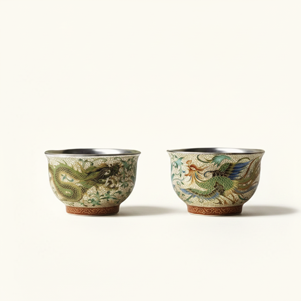 Dragon & Phoenix Silver-Inlay Enamel Cup Pair | Polychrome Gold-Ground Ceramic | Cinnabar Base | 125ml