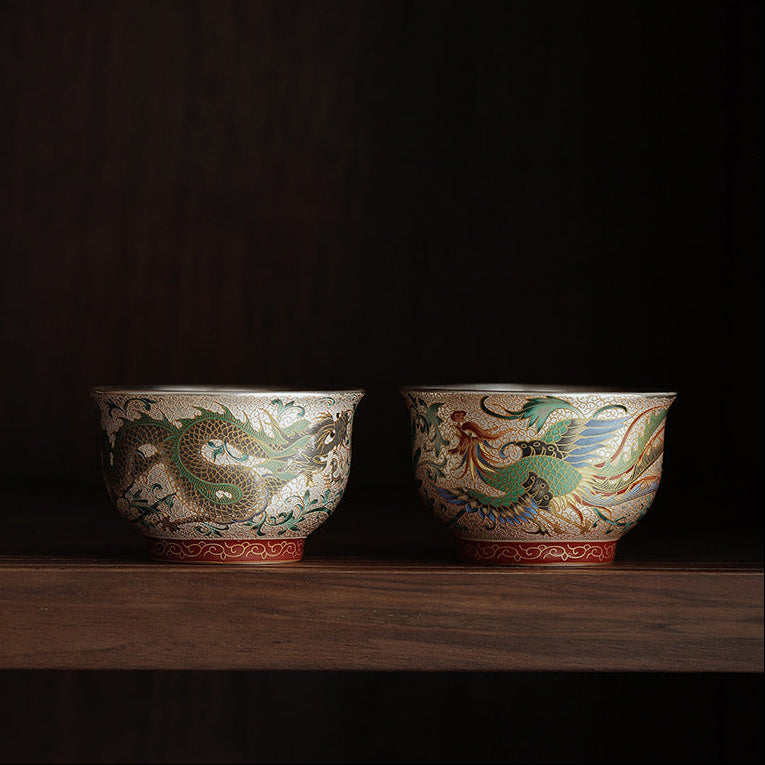 Dragon & Phoenix Silver-Inlay Enamel Cup Pair | Polychrome Gold-Ground Ceramic | Cinnabar Base | 125ml