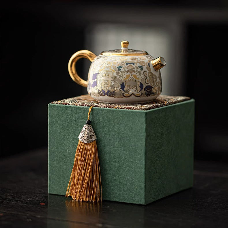 GUYU Gold- und Silbereinlegearbeit Weiße Thangka Teekanne | Dehua-Porzellan | 135ml | Dunhuang