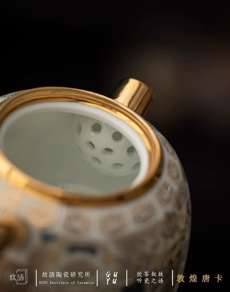 GUYU Gold- und Silbereinlegearbeit Weiße Thangka Teekanne | Dehua-Porzellan | 135ml | Dunhuang