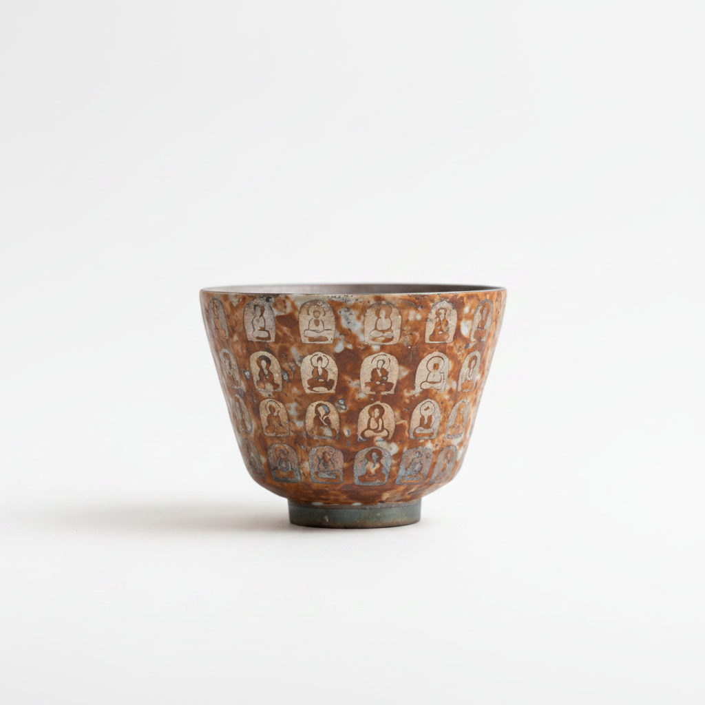 Meister-Teetasse „Zehntausend Buddhas“ mit Silbereinlage | Zen-buddhistisches Relief | 120 ml | Gongfu-Tee