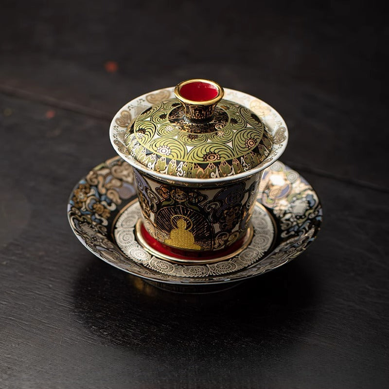 Dunhuang Gold Buddha Sancai Gaiwan | Intangible Heritage Gilding | Cinnabar Red Interior | Gongfu Tea