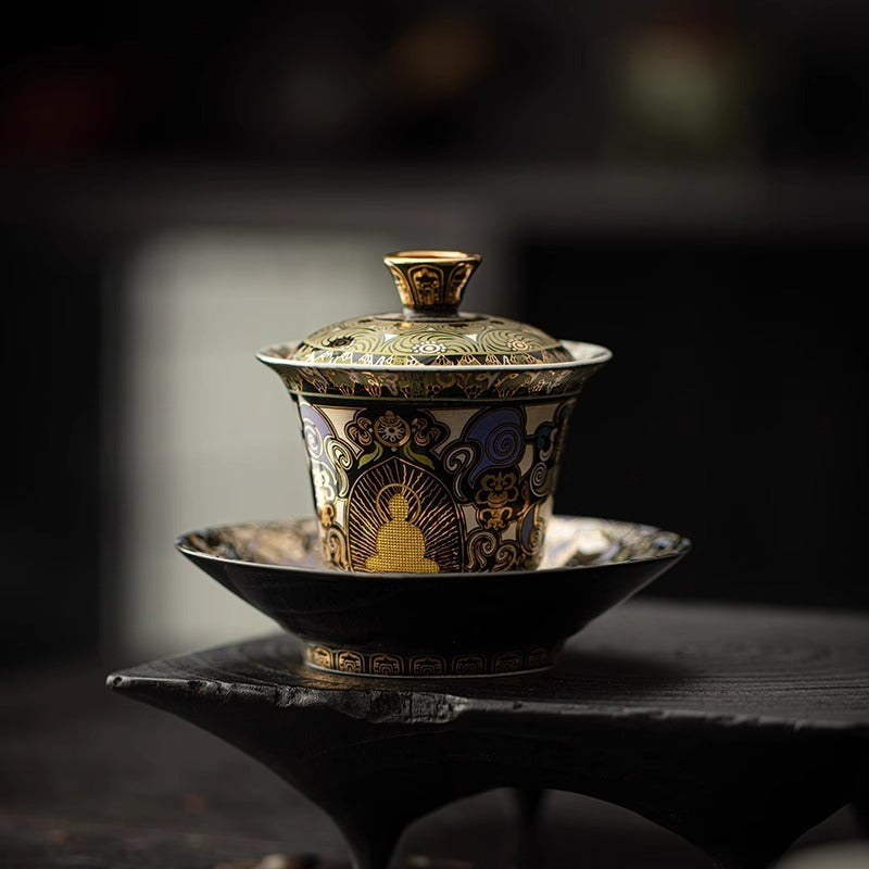 Dunhuang Gold Buddha Sancai Gaiwan | Intangible Heritage Gilding | Cinnabar Red Interior | Gongfu Tea