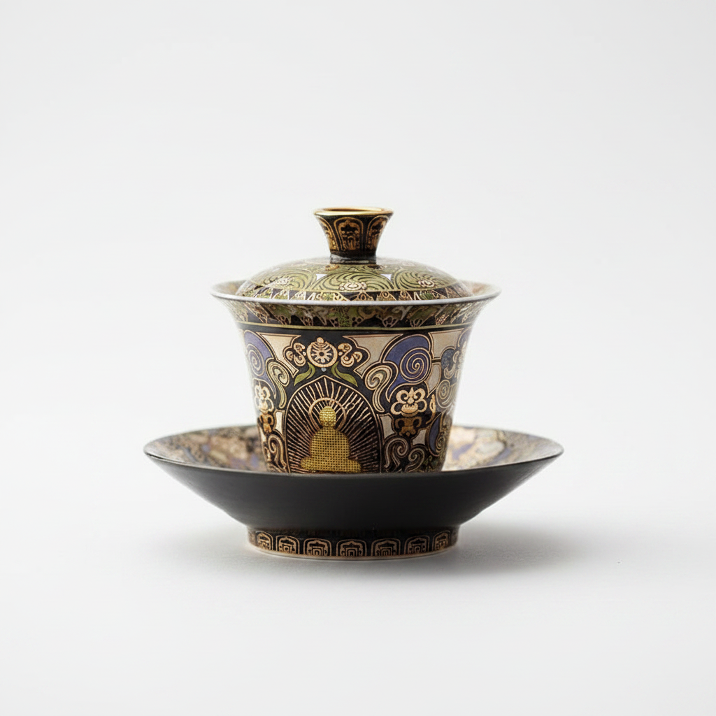 Dunhuang Gold Buddha Sancai Gaiwan | Intangible Heritage Gilding | Cinnabar Red Interior | Gongfu Tea