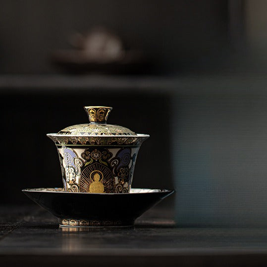 Dunhuang Goldener Buddha Sancai Gaiwan | Immaterielles Kulturerbe Vergoldung | Zinnoberrotes Interieur | Gongfu Tee