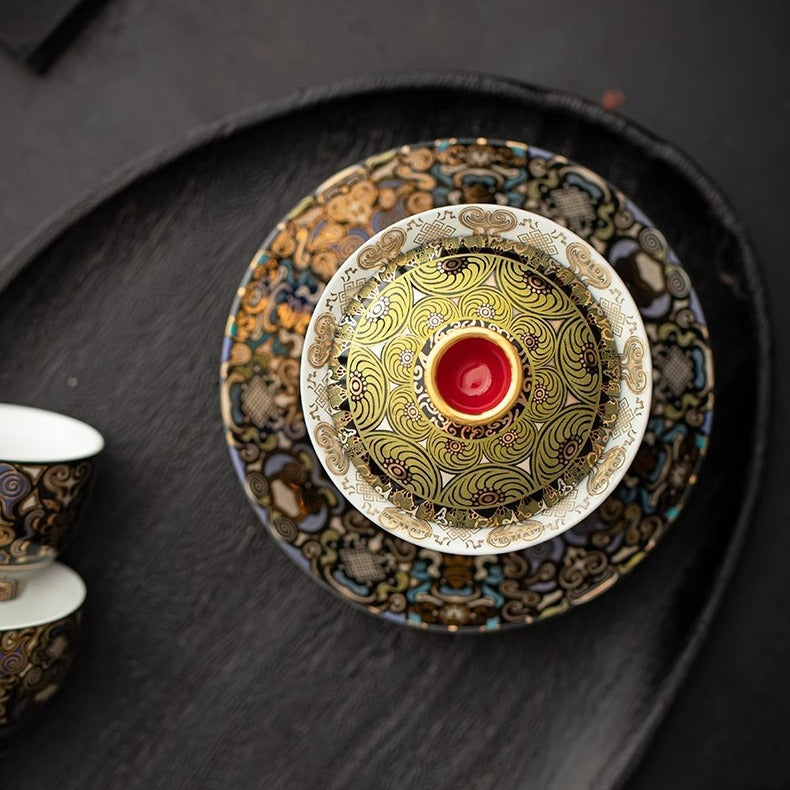 Dunhuang Goldener Buddha Sancai Gaiwan | Immaterielles Kulturerbe Vergoldung | Zinnoberrotes Interieur | Gongfu Tee