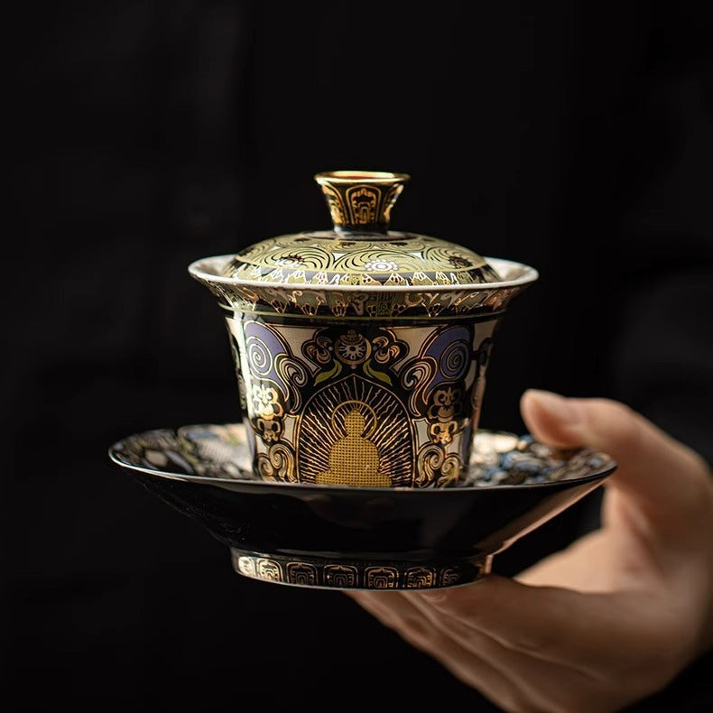 Dunhuang Gold Buddha Sancai Gaiwan | Intangible Heritage Gilding | Cinnabar Red Interior | Gongfu Tea