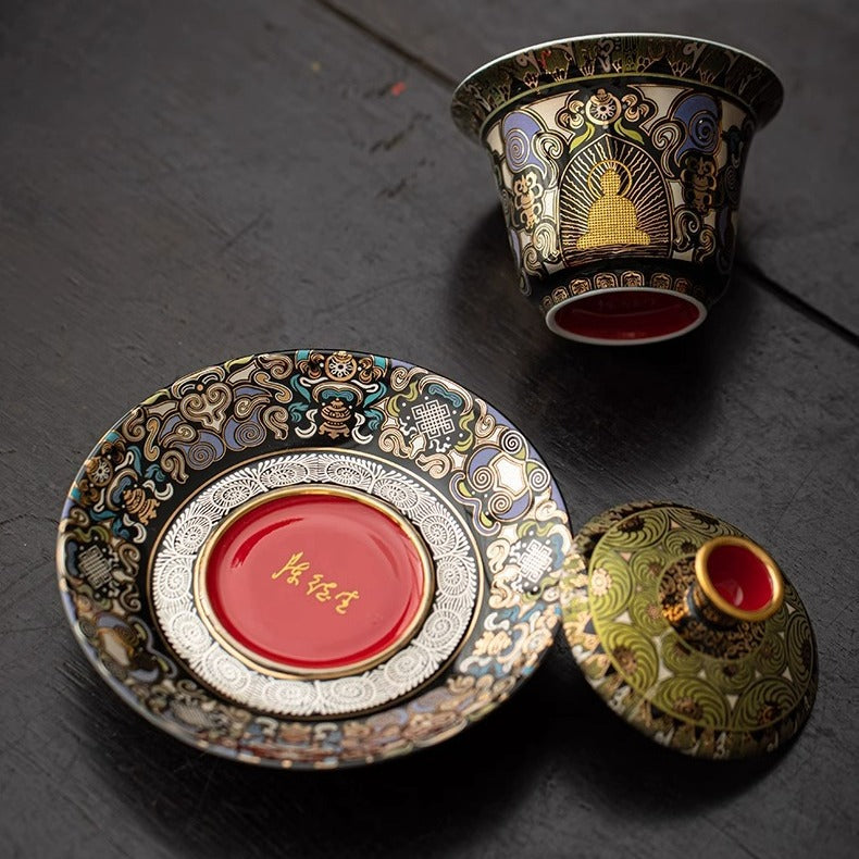 Dunhuang Goldener Buddha Sancai Gaiwan | Immaterielles Kulturerbe Vergoldung | Zinnoberrotes Interieur | Gongfu Tee