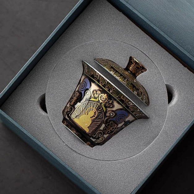 Dunhuang Goldener Buddha Sancai Gaiwan | Immaterielles Kulturerbe Vergoldung | Zinnoberrotes Interieur | Gongfu Tee