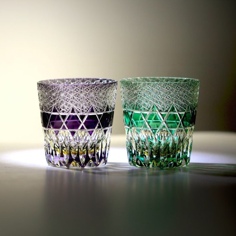 Handgeschliffenes Overlay Kristall Whiskeyglas | Stern- & Diamantschliff | 280ml | Smaragd & Violett