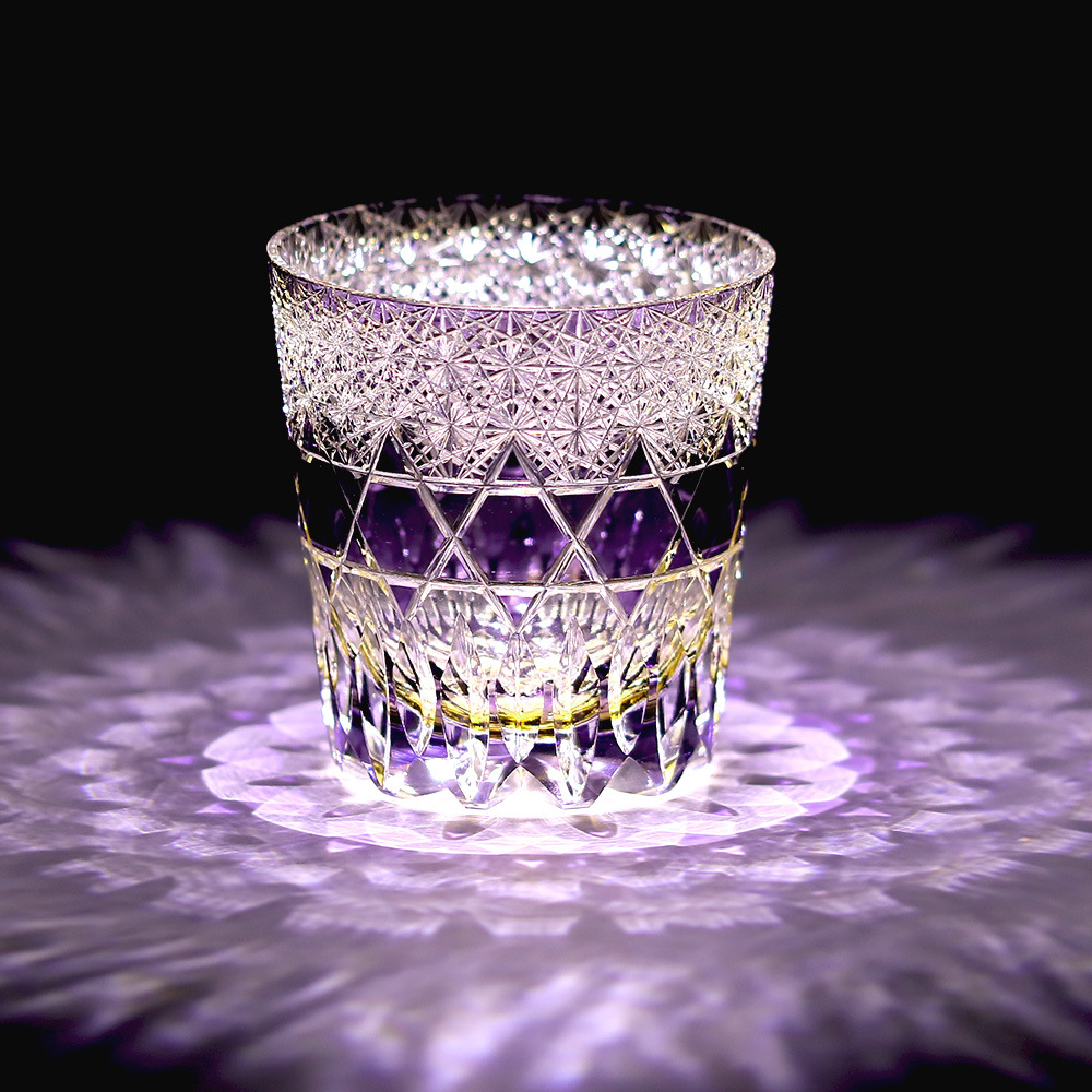 Handgeschliffenes Overlay Kristall Whiskeyglas | Stern- & Diamantschliff | 280ml | Smaragd & Violett