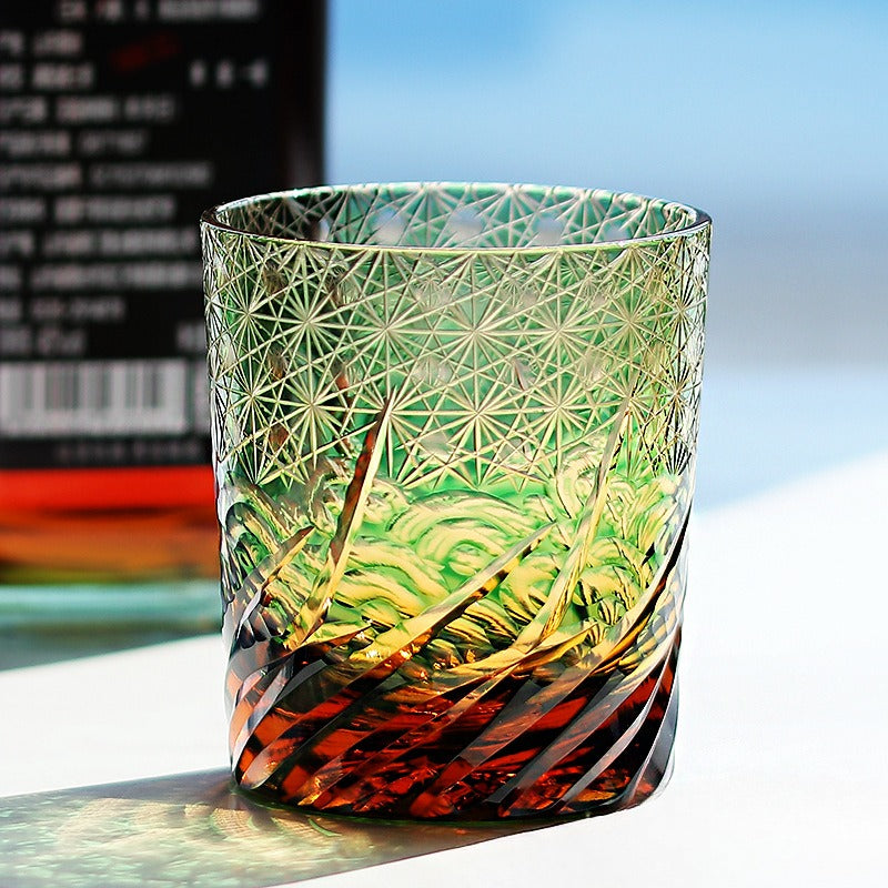 Handgeschliffenes Overlay Kristall Whiskeyglas | Welle & Sternblume Schliff | 260ml | 4 Farben