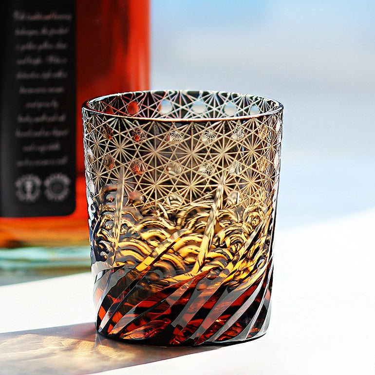 Handgeschliffenes Overlay Kristall Whiskeyglas | Welle & Sternblume Schliff | 260ml | 4 Farben
