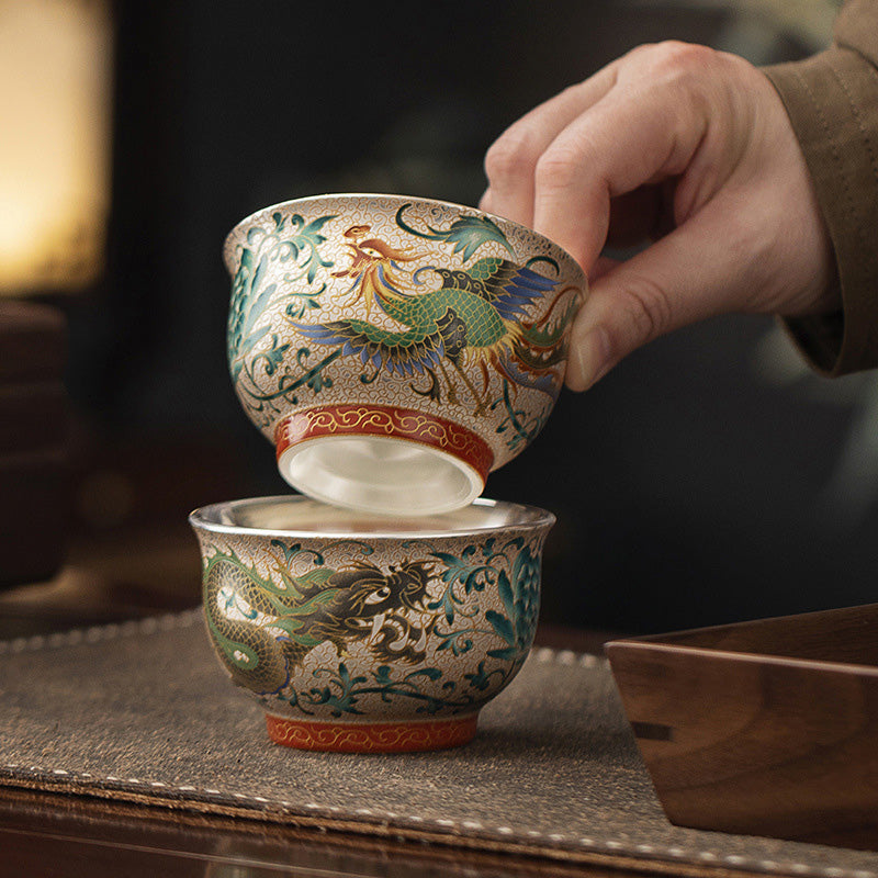 Dragon & Phoenix Silver-Inlay Enamel Cup Pair | Polychrome Gold-Ground Ceramic | Cinnabar Base | 125ml