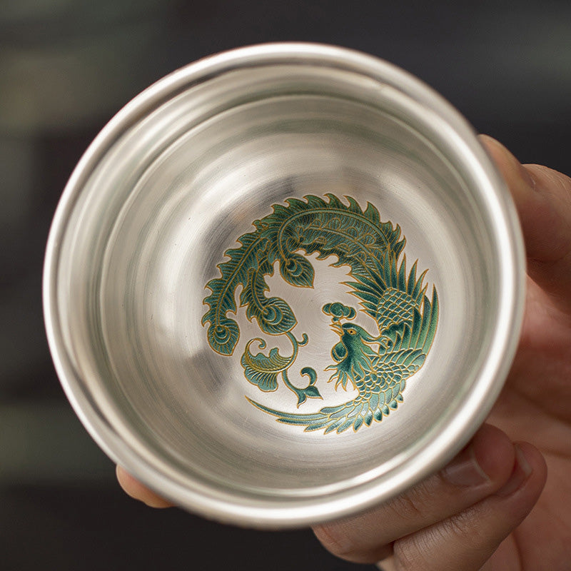 Dragon & Phoenix Silver-Inlay Enamel Cup Pair | Polychrome Gold-Ground Ceramic | Cinnabar Base | 125ml
