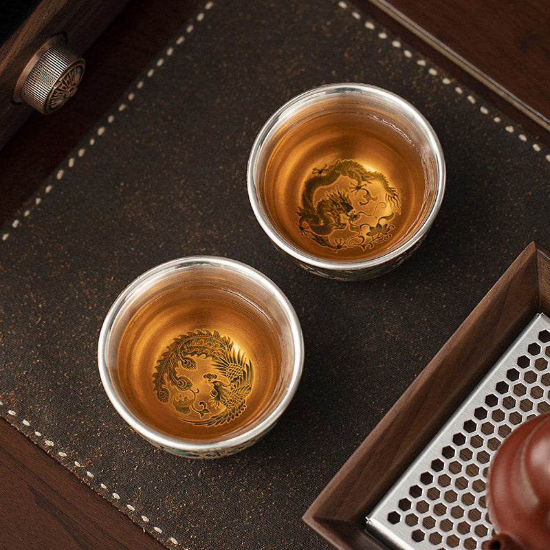 Dragon & Phoenix Silver-Inlay Enamel Cup Pair | Polychrome Gold-Ground Ceramic | Cinnabar Base | 125ml