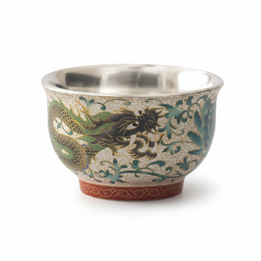 Dragon & Phoenix Silver-Inlay Enamel Cup Pair | Polychrome Gold-Ground Ceramic | Cinnabar Base | 125ml