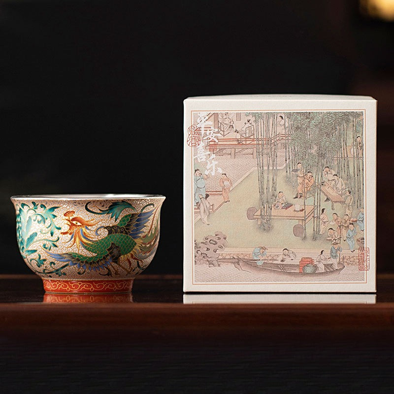 Dragon & Phoenix Silver-Inlay Enamel Cup Pair | Polychrome Gold-Ground Ceramic | Cinnabar Base | 125ml