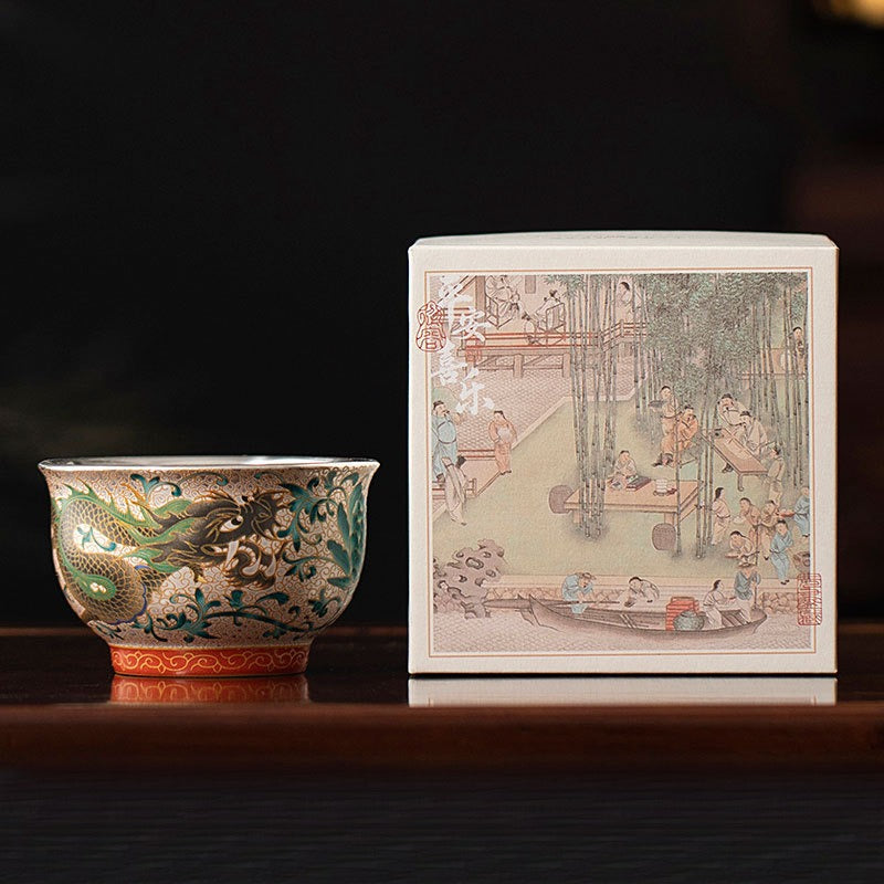 Dragon & Phoenix Silver-Inlay Enamel Cup Pair | Polychrome Gold-Ground Ceramic | Cinnabar Base | 125ml