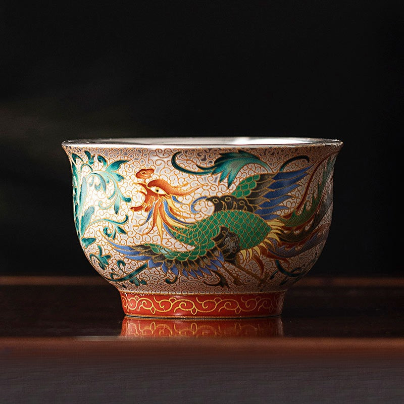 Dragon & Phoenix Silver-Inlay Enamel Cup Pair | Polychrome Gold-Ground Ceramic | Cinnabar Base | 125ml