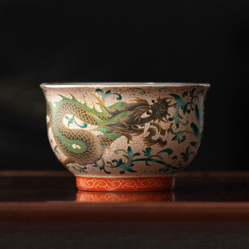 Dragon & Phoenix Silver-Inlay Enamel Cup Pair | Polychrome Gold-Ground Ceramic | Cinnabar Base | 125ml