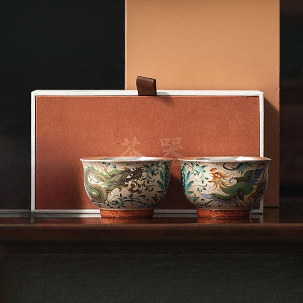 Dragon & Phoenix Silver-Inlay Enamel Cup Pair | Polychrome Gold-Ground Ceramic | Cinnabar Base | 125ml