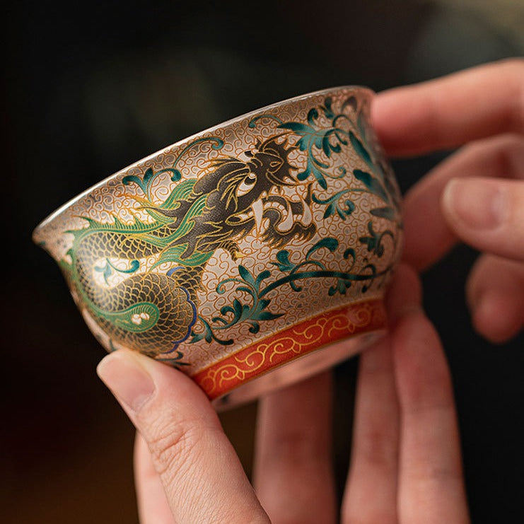 Dragon & Phoenix Silver-Inlay Enamel Cup Pair | Polychrome Gold-Ground Ceramic | Cinnabar Base | 125ml
