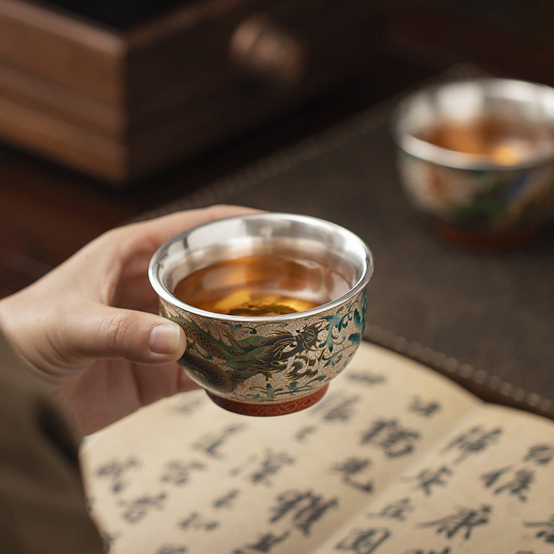 Dragon & Phoenix Silver-Inlay Enamel Cup Pair | Polychrome Gold-Ground Ceramic | Cinnabar Base | 125ml
