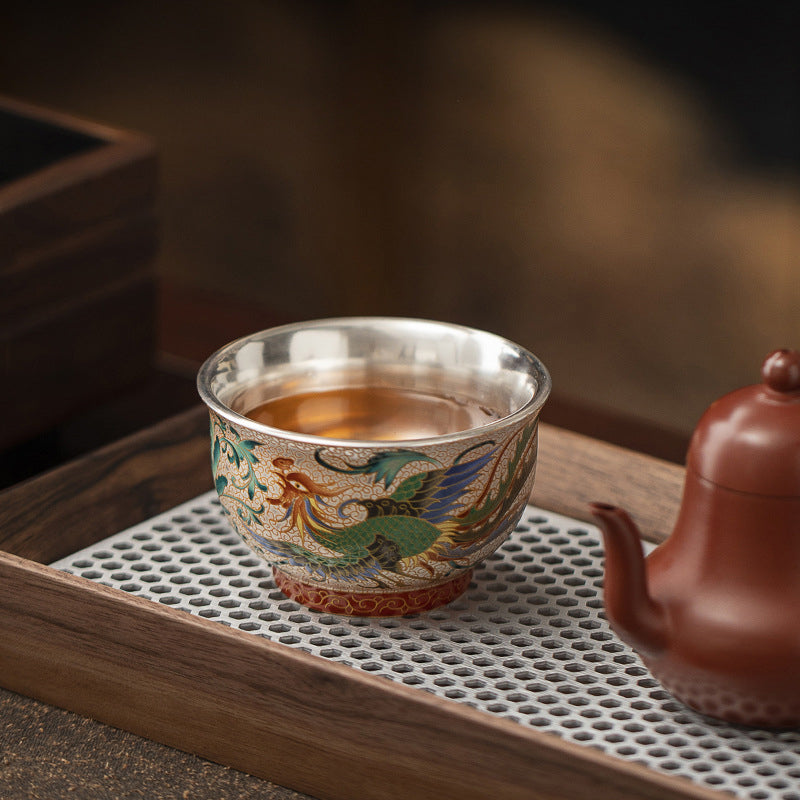 Dragon & Phoenix Silver-Inlay Enamel Cup Pair | Polychrome Gold-Ground Ceramic | Cinnabar Base | 125ml