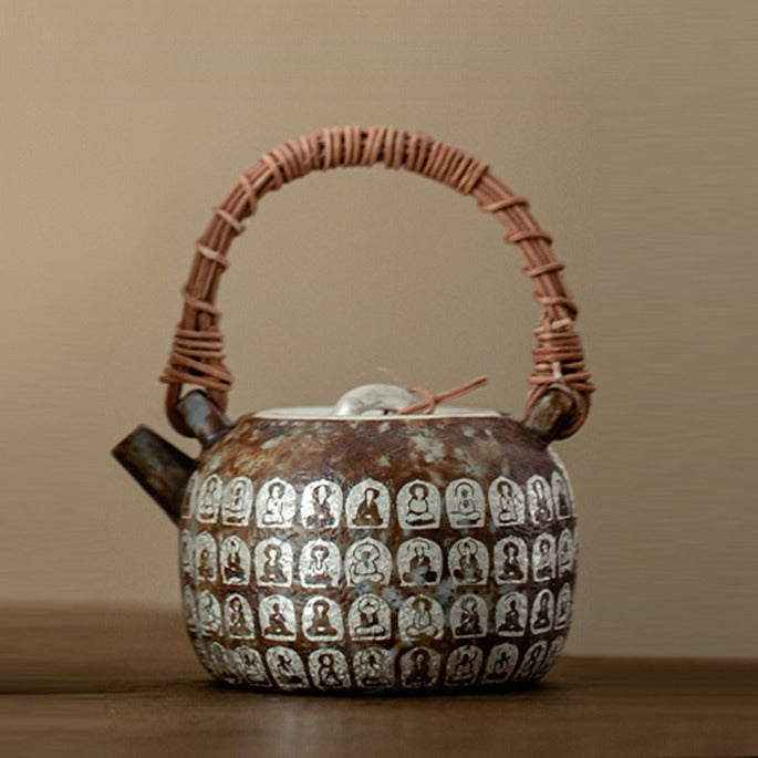 Dunhuang Wanfo Teekanne aus altem Felsen-Ton mit Silbereinlage und Rattanbügel | 230ml | Gongfu-Tee | Geschenkbox