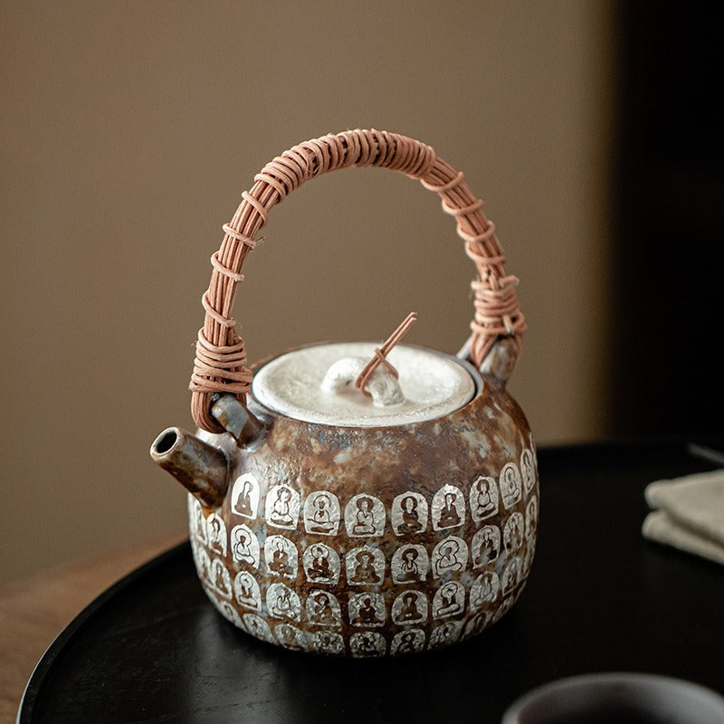 Dunhuang Wanfo Teekanne aus altem Felsen-Ton mit Silbereinlage und Rattanbügel | 230ml | Gongfu-Tee | Geschenkbox