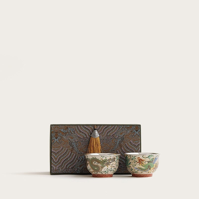 Dragon & Phoenix Silver-Inlay Enamel Cup Pair | Polychrome Gold-Ground Ceramic | Cinnabar Base | 125ml