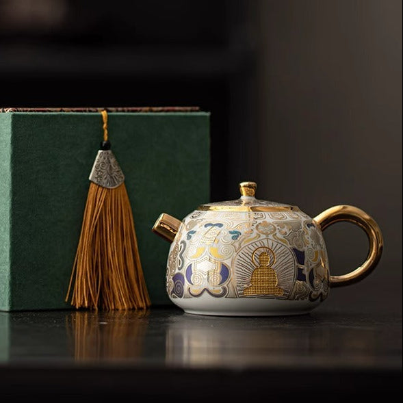 GUYU Gold- und Silbereinlegearbeit Weiße Thangka Teekanne | Dehua-Porzellan | 135ml | Dunhuang