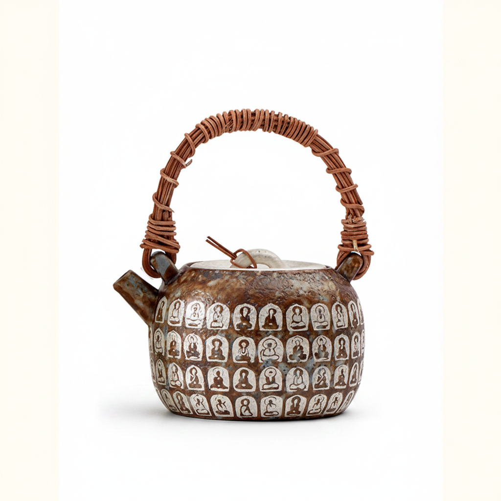 Dunhuang Wanfo Teekanne aus altem Felsen-Ton mit Silbereinlage und Rattanbügel | 230ml | Gongfu-Tee | Geschenkbox