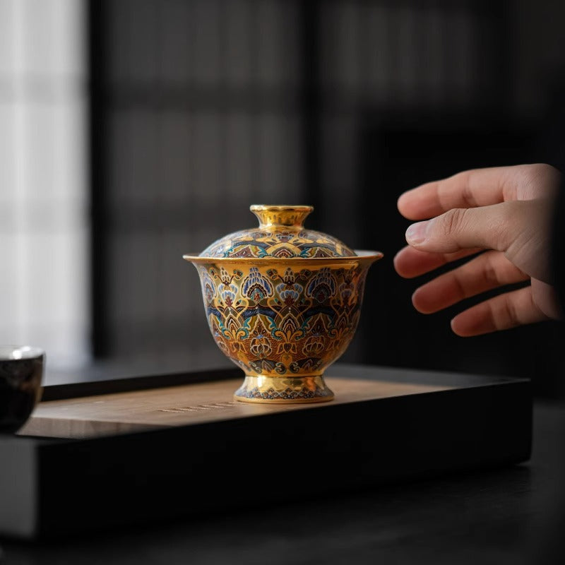 Gilded Raised-Flower Gaiwan | Gold-Plated Porcelain Tea Bowl | Dehua Kiln | 130ml