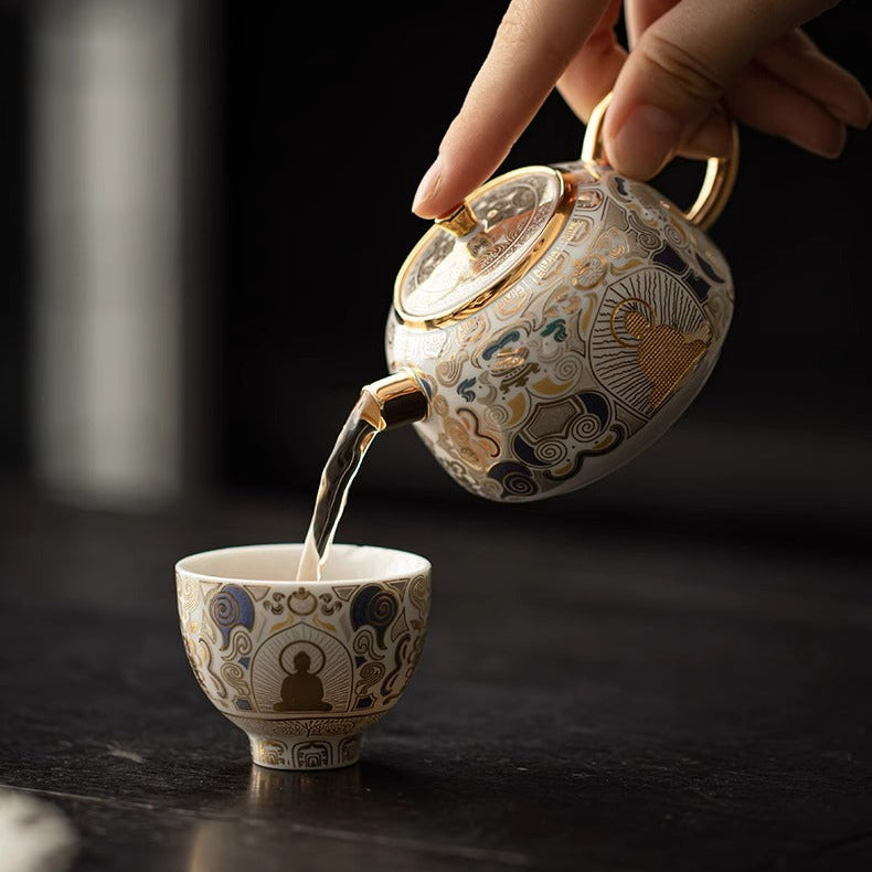 GUYU Gold- und Silbereinlegearbeit Weiße Thangka Teekanne | Dehua-Porzellan | 135ml | Dunhuang