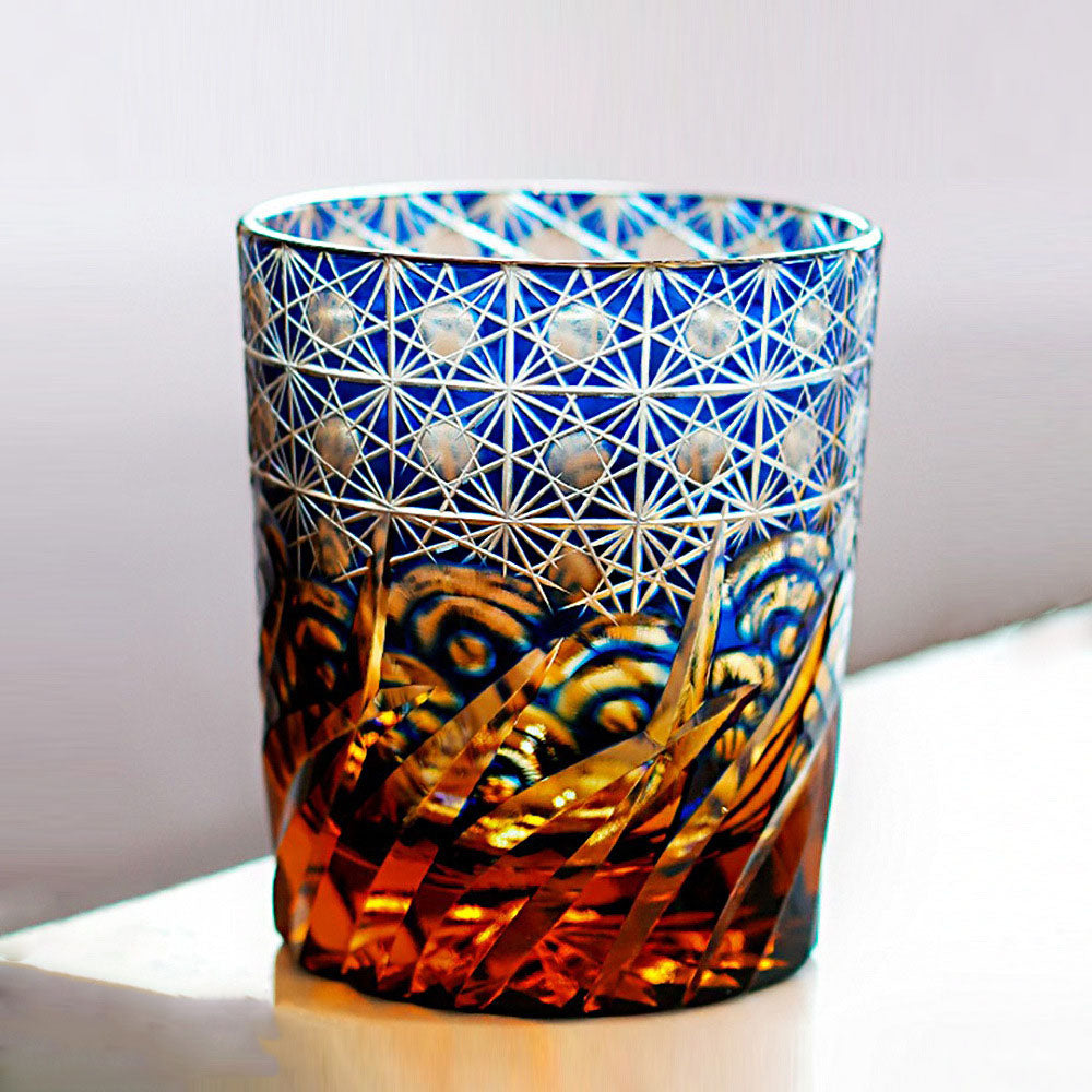 Handgeschliffenes Overlay Kristall Whiskeyglas | Welle & Sternblume Schliff | 260ml | 4 Farben