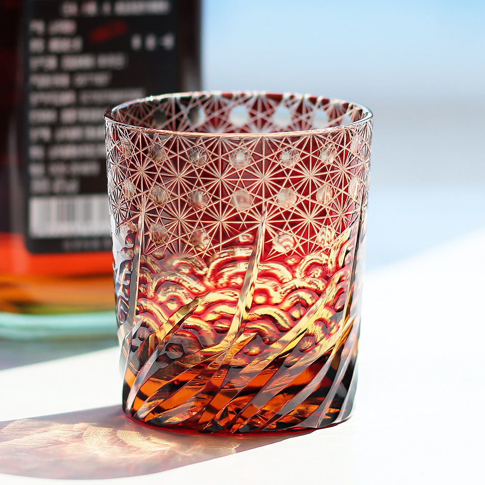 Handgeschliffenes Overlay Kristall Whiskeyglas | Welle & Sternblume Schliff | 260ml | 4 Farben