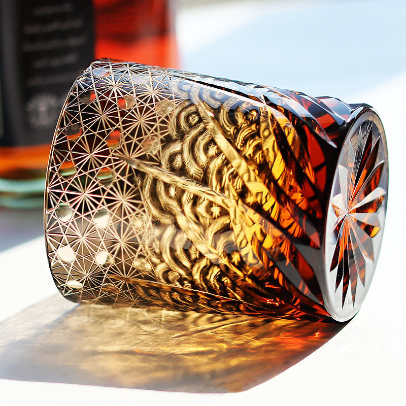 Handgeschliffenes Overlay Kristall Whiskeyglas | Welle & Sternblume Schliff | 260ml | 4 Farben