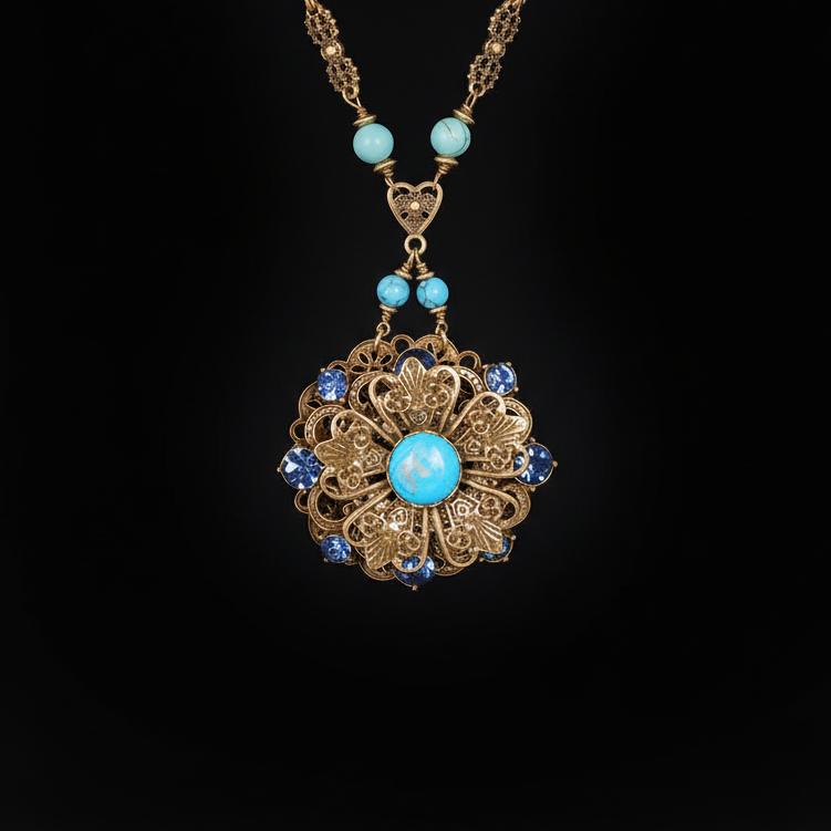 Medieval Vintage Gold-Plated Necklace with Turquoise Flower Centre | European Style