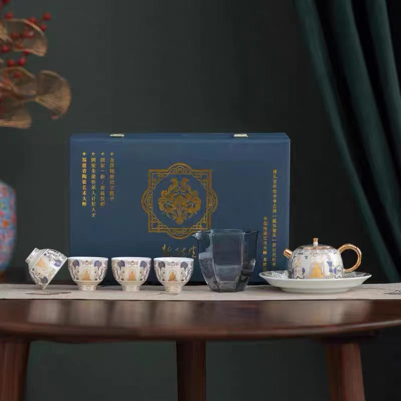 GUYU Gold- und Silbereinlegearbeit Weiße Thangka Teekanne | Dehua-Porzellan | 135ml | Dunhuang
